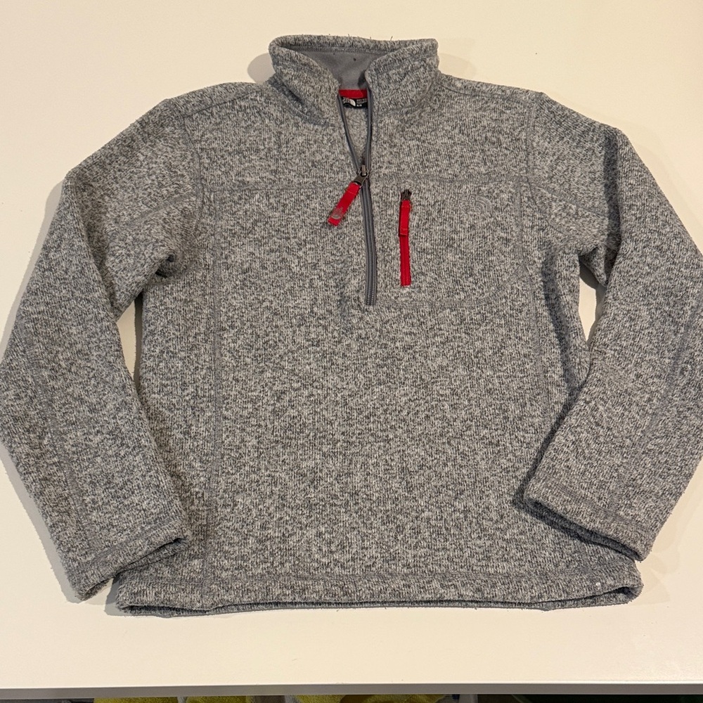 The North Face Heathered Gray Zip-Up Sweater with Red Accents